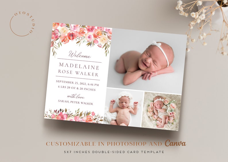 Birth Announcement Template Girl Newborn Announcement Baby Annoucement Templates for Canva & Photoshop Photographers Printable Card image 4