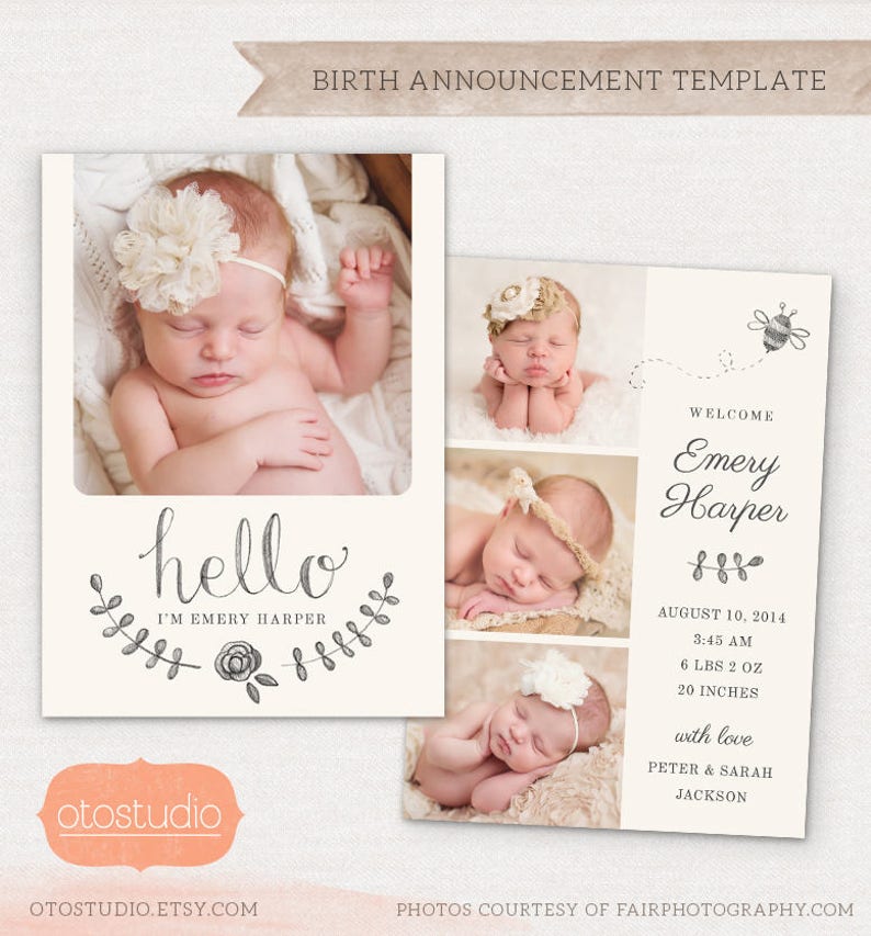 Birth Announcement Template Pencil Bee CB031 5x7 card INSTANT DOWNLOAD image 1