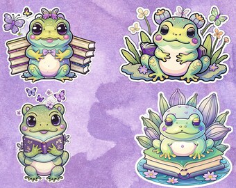 Purple Flowers Fat Frog Books Sticker Sheets, Frog Lover Gift, Kawaii Frog Sticker, Journal Decals, Water Bottle Decal, Cottage Core Planner