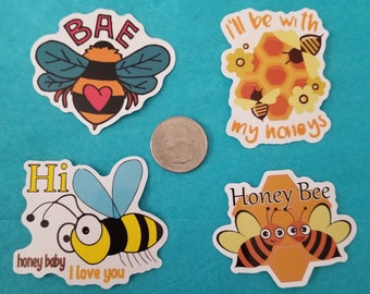 Love Honey Bee Sticker Pack - 4 stickers - Bumble Bee, BaeBee, Waterproof Stickers, Die Cut Stickers, Laptop Stickers, Water Bottle Stickers