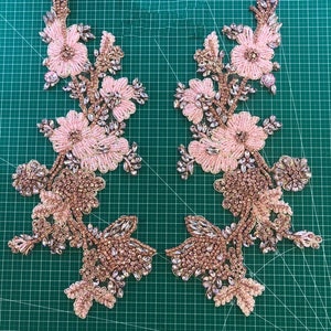 Baby Pink 3D Flower Rhinestone Applique Pair Crystal Beaded Bridal Gown Bodice Cape Couture Crystal Applique
