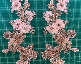 Baby Pink 3D Flower Rhinestone Applique Pair Crystal Beaded Bridal Gown Bodice Cape Couture Crystal Applique