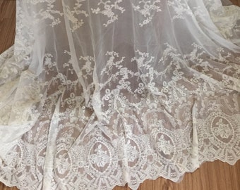 Tissu en coton dentelle florale, tulle beige, mariée, style vintage, par mètre