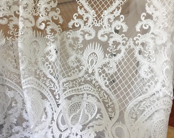 Luxury dense embroidered bridal Lace Fabric in off white, retro floral lace, mesh lace fabric, bridal dress lace fabric, prom dress fabric