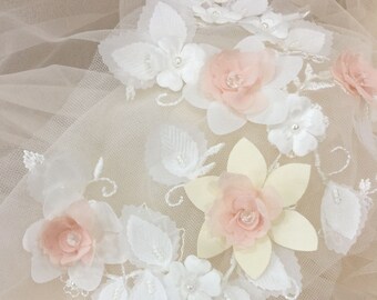 Exquisite 3D Handmade Beaded Flower Lace Applique in baby Pink Ivory Mix Color , Soft Tulle Bridal Hair Flower HeadPiece Garter Applique