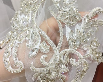 Exquisite Clear 3D Rhinestone Beaded Bridal Lace Applique for Wedding Sash Bridal Hair Flower Boutique