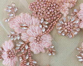 Baby Pink 3D Fleur Strass Applique Paire Cristal Perlé Robe de mariée Bodice Cape Couture Crystal Applique