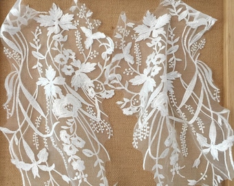 1 Pair Clear Sequin Gorgeous ivory bridal lace applique, wedding gown applique lace patch motif
