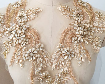 1 paire d'appliques de dentelle perlée de strass d'or de champagne, accessoires d'embellissement de mariée de robe de mariée, applique d'oiseau de perle de cristal