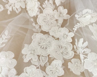 Tela de encaje con cuentas 3D y apliques hechos a mano, tela para vestido de novia con apliques de flores bordadas, tela francesa con apliques