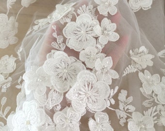 Tela de encaje con cuentas 3D y apliques hechos a mano, tela para vestido de novia con apliques de flores bordadas, tela francesa con apliques