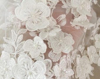 Tela de encaje con cuentas 3D y apliques hechos a mano, tela para vestido de novia con apliques de flores bordadas, tela francesa con apliques