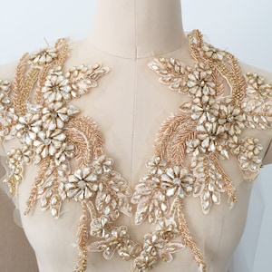 1 Pair Champagne Gold Rhinestone Beaded Lace Applique Pair , Wedding Gown Bridal Emebllishment Accessories ,Crystal Bead Birdal Applique