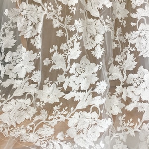 Luxury Cotton Tulle Lace Fabric with Clear Sequins , Rose Embroidery Wedding Couture Fabric by Yard