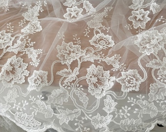 1 Yard Ivory Alencon Lace Fabric, Embroidery Bridal Lace Fabric, Wedding Gown Lace, Cord Lace Fabric
