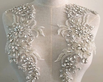Luxury Rhinestone Beaded Lace Applique Pair , Wedding Gown Bridal Dress Emebllishment Accessories ,Crystal Beaded Bridal Applique