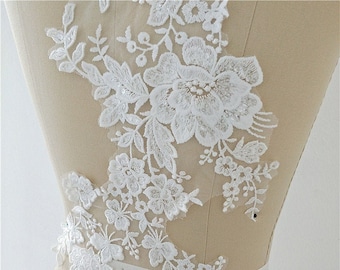 Off White Exquisite clear sequin bridal lace applique, floral embroidery wedding applique bodice