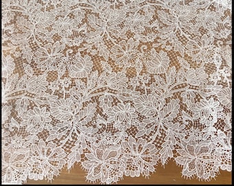 1 Yard French Alencon lace fabric in ivory with leaf pattern, wedding gown bridal dress fabric , scalloped fabric