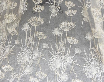 Luxury pale gold sequin beaded 3D Dandelion floral embroiderylace fabric by yard, wedding gown bridal dress haute couture fabric