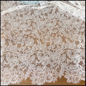 1 Yard French Alencon lace fabric in ivory with leaf pattern, wedding gown bridal dress fabric , scalloped fabric