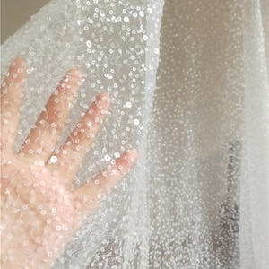 1 Yard Exquisite Heavily Beaded Soft Tulle Lace Fabric with CLear Sequin for Wedding Gown Bridal Gress