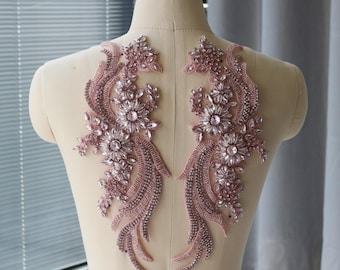 Paar roze strass kralen kant appliqué, trouwjurk bruidsversiering accessoires, kristallen kraal birdal appliqué
