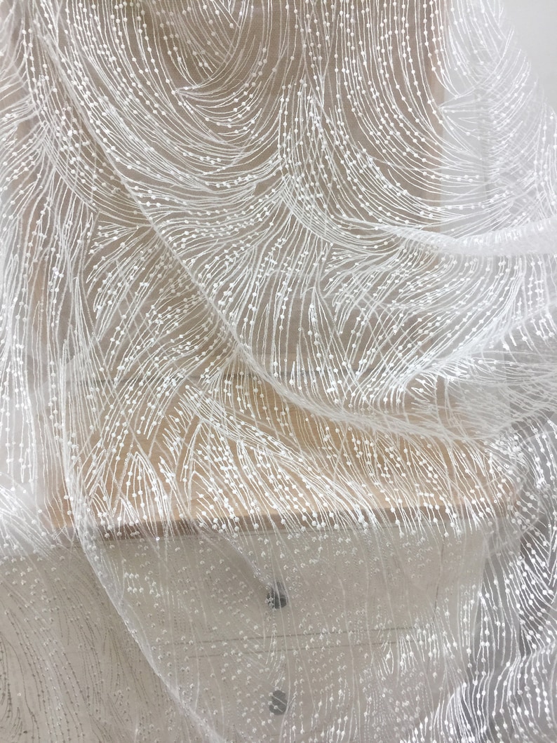 Peut inclure: Tissu de dentelle blanche perl&eacute;e avec un motif d&eacute;licat et tourbillonnant. Le tissu est transparent et a une texture douce et fluide.