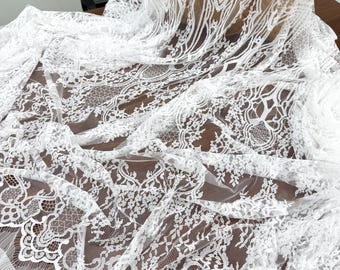 3 yards off white Chantilly lace fabric, bridal chantilly lace, French lace fabric with scalloped borders, ivory lace fabric with eyelash