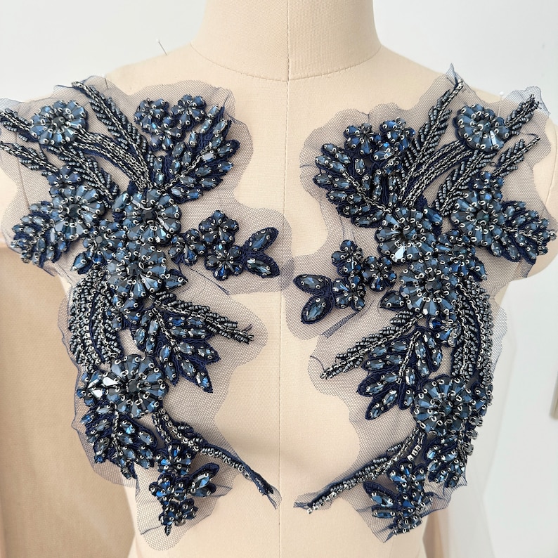 Navy Rhinestone Beaded Lace Applique Pair , Wedding Gown Bridal Dress ...