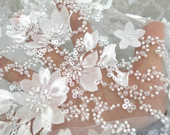 1 Yard 3D Flower Ivory Beaded Geometric Stripe Haute Couture Tulle Lace Fabric ,Wedding Dress Bridal Gown Evening Clothes DIY