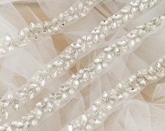 1 Yard Slim and Thin Rhinestone Pearl Beaded Lace Trim for Bridal Belt Wedding Sash Gown Straps