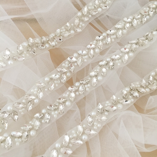 1 Yard Slim and Thin Rhinestone Pearl Beaded Lace Trim for Bridal Belt Wedding Sash Gown Straps