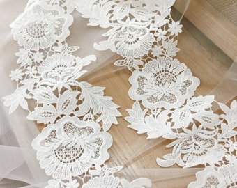 Graceful 3D cotton crochet embroidery lace trim , Bridal Veil Lace Gown FlowerLeaf Motif Applique Trim 9 cm wide