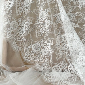 3 yards off white Chantilly lace fabric, bridal chantilly lace, French lace fabric with scalloped borders, ivory lace fabric with eyelash