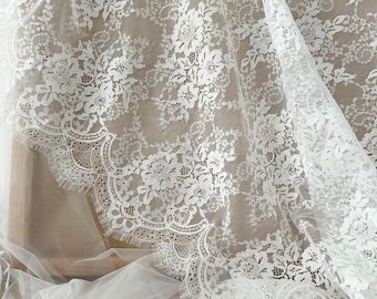 3 yards off white Chantilly lace fabric, bridal chantilly lace, French lace fabric with scalloped borders, ivory lace fabric with eyelash