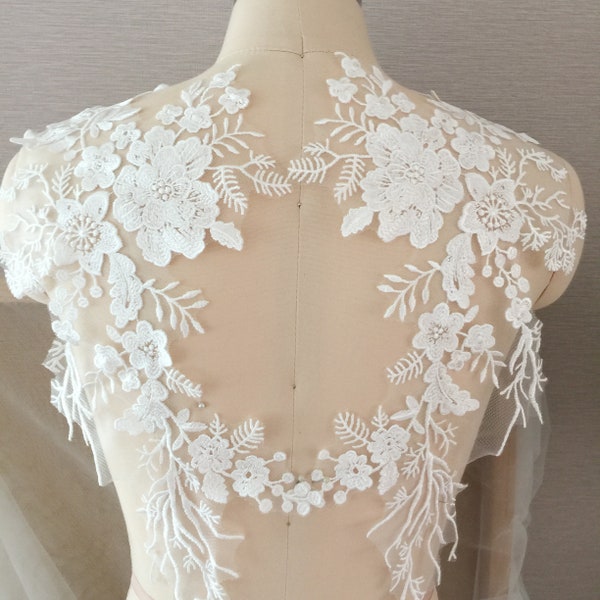 1 pair Large Bridal Gown lace Applique, Light Ivory, Unique Mirrored Pair, Leaf Lace Applique, Wedding Gown Bodice Lace Applique