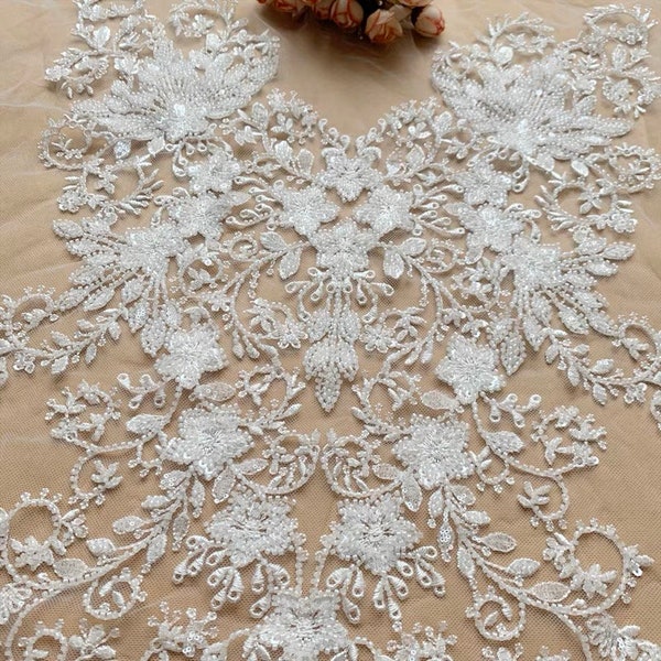 LARGE Heavy beaded bridal Applique - IVORY - Venice lace beaded applique big size, Luxury wedding appliqué, Illusion back appliqué