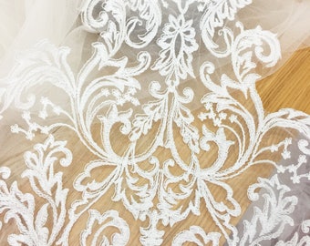 Large cotton alencon lace applique piece for wedding gown bodice, lace top , wedding dress overlays , bridal veils accessories