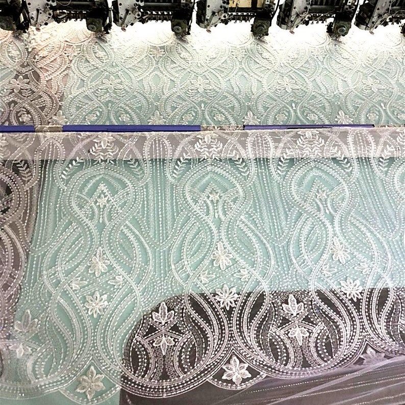 Quality Translucent Sequin Lace Fabric in Vintage style Off White Couture Lace Fabric by yard with Clear Sequin