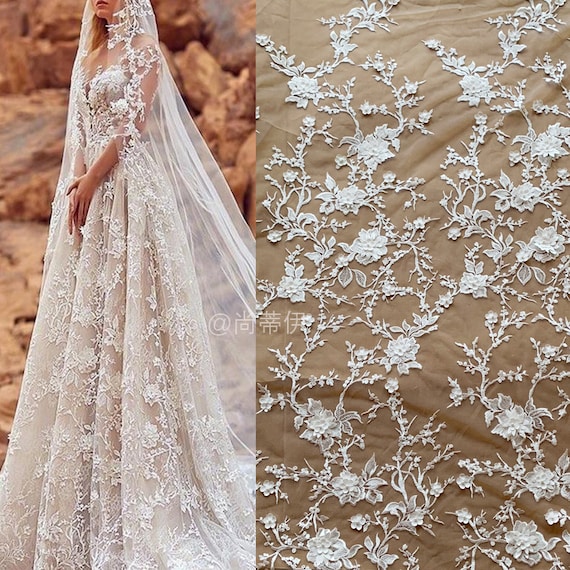 3D Beaded Flower Tulle Lace Fabric Beading Blossom Embroidery