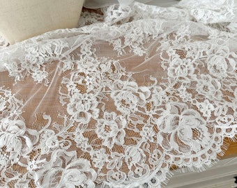 3 Yards ivory French Alencon lace fabric trim with double scalloed borders, detailed floral embroidery cord lace fabric