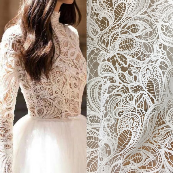 Guipure wedding dress lace fabric, boho alencon bridal gown fabric, off white crochet couture lace fabric for wedding dress