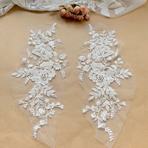 1 Pair Luxury ivory 3D tiny pearl beaded bridal lace applique for wedding gown bodice, lace veils, lace cape couture design