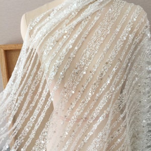 3D Beaded Geometric STRIPE Couture Lace Fabric with Line Design Tulle ,Wedding Dress Bridal Lace Fabric by Yard