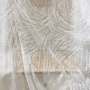 Geometric Embroidery Lace Fabric by Yard with TRANSLUCENT Sequins , Birdal Gown Couture Fabric in Off White