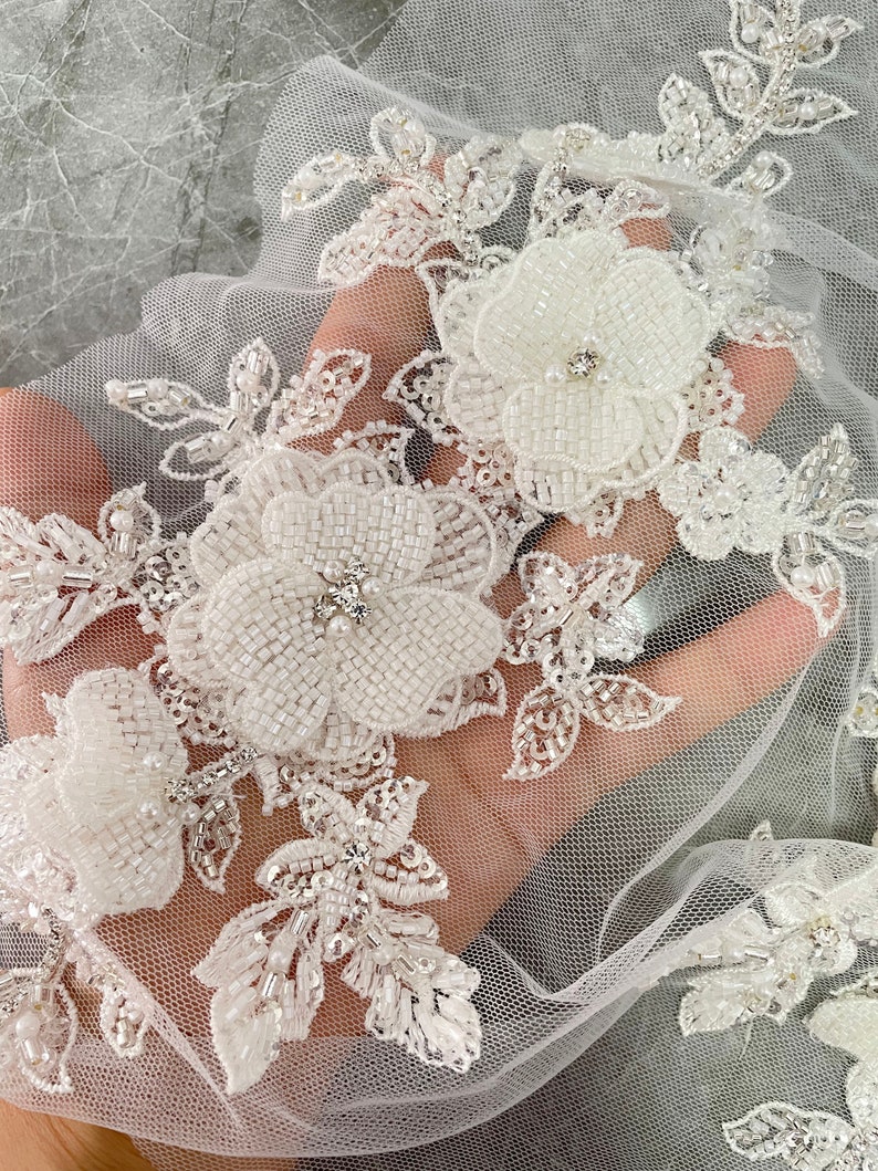 Luxury beaded lace applique, 3D bridal sash wedding belt applique, bridal sash wedding lace applique image 6