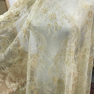 3 meters gold French Alencon lace fabric ,double scallop eyelace soft tulle gold thread embroidery lace fabric