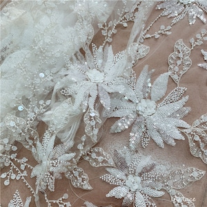 Luxury 3D beaded haute couture fabric lace by yard, bridal gown wedding dress tulle sequin fabric in off white