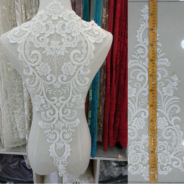 LARGE Heavy beaded bridal Applique - IVORY - Venice lace beaded applique big size, Luxury wedding appliqué, Illusion back appliqué