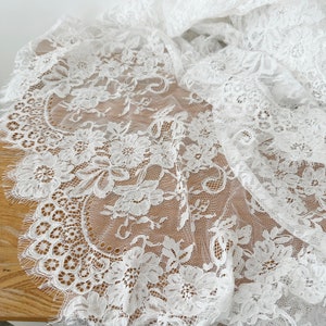 3 Yards ivory French Alencon lace fabric trim with double scalloed borders, detailed floral embroidery cord lace fabric